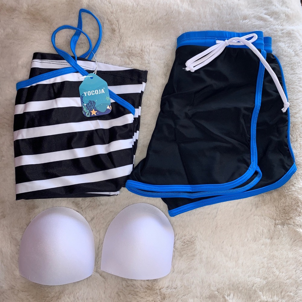 Brand New Girls 3XL Swimsuit Tankini Set Black White Stripe Blue Trim